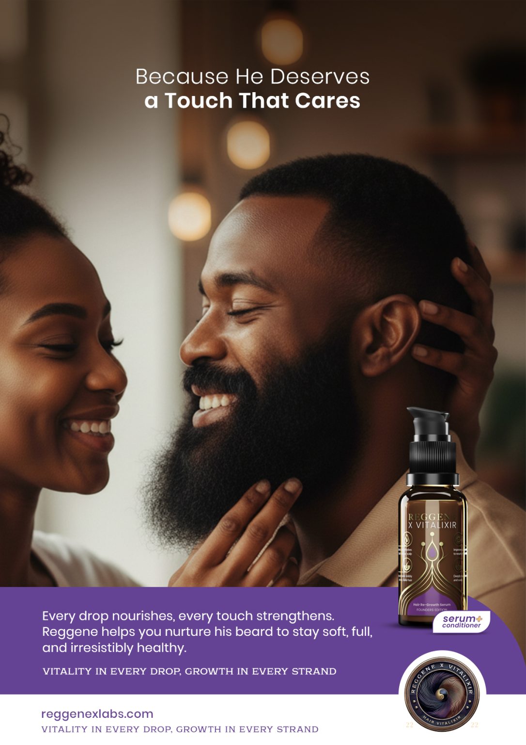 Because he deserves a touch that cares — man with full beard and Reggene serum